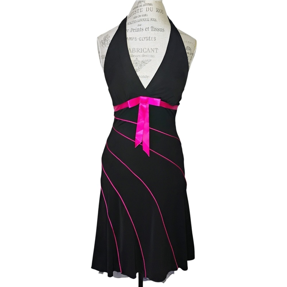 Love Tease Y2K Halter Babydoll Dress‎ Womens S Black Pink Bow Punk Princess Hoco